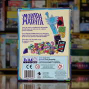 Trasera del juego La Morada Maldita disponible en Mana House – Retos visuales con gemas, Joyas embrujadas, Maldiciones inesperadas, Diversión con amigos y familia, Dinámica trepidante. The Curse of the Maldita Diamond