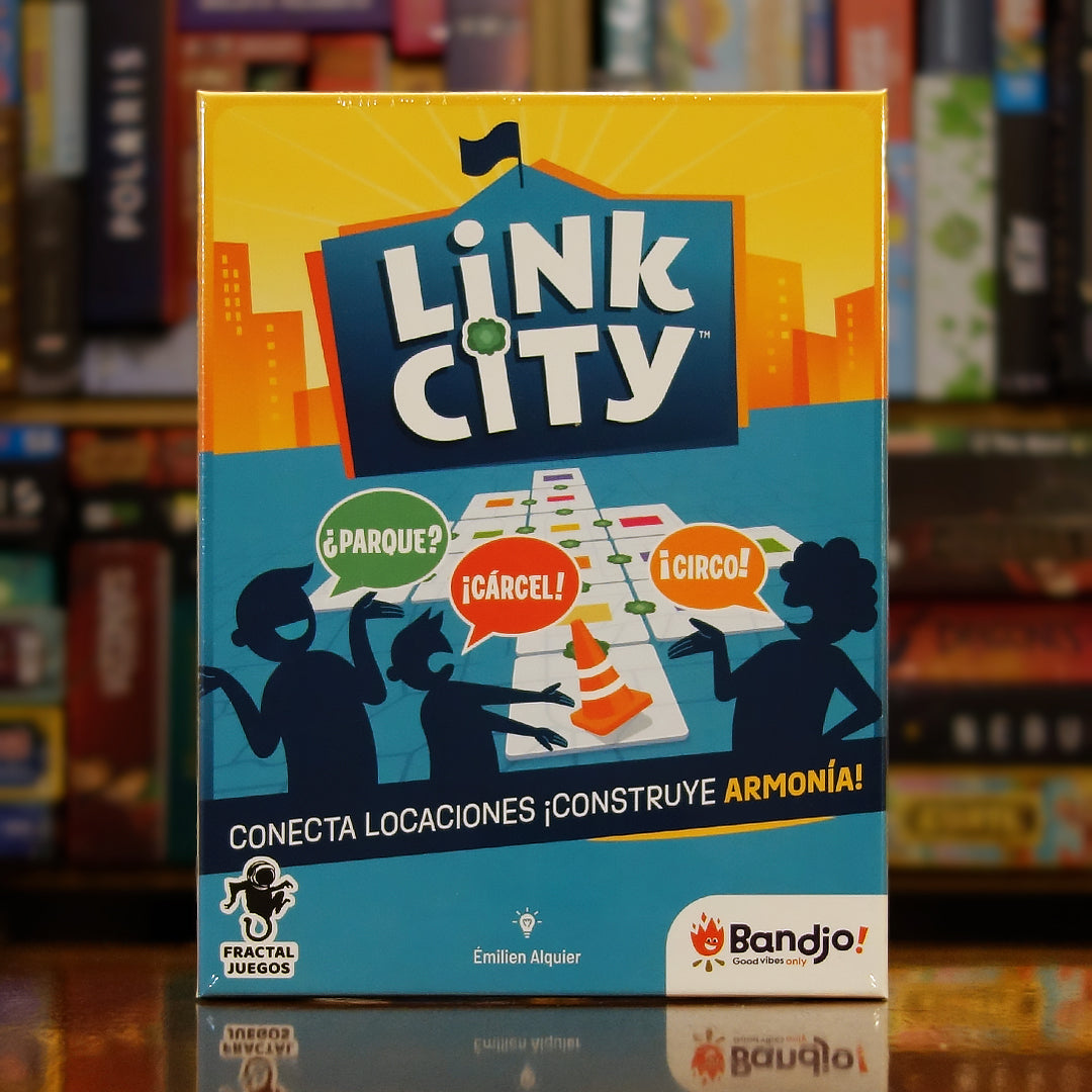 Portada del juego 'Link City' disponible en Mana House – Juego cooperativo, Asociación de ideas, Construcción de ciudad, Comunicación en grupo, Mecánica de “yo divido, tú eliges”.