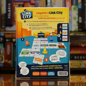 Trasera del juego 'Link City' disponible en Mana House – Conectar lugares en secreto, Conversación estratégica, Bonificaciones desbloqueables, Ciudad única y sorprendente, 6 rondas emocionantes.