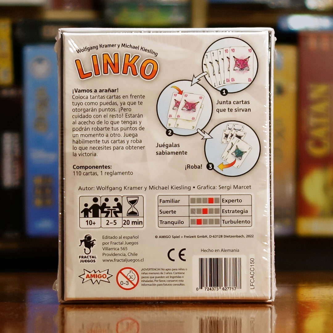 Vista trasera del juego de mesa 'Linko' con detalles y componentes, en Mana House - Cartas. Animales, Cartas.