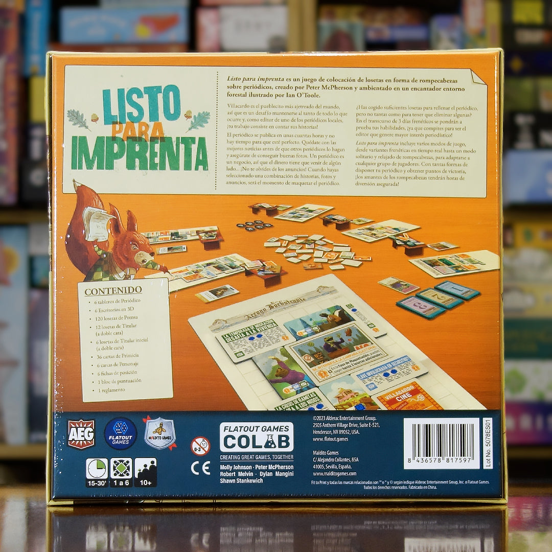 Trasera del juego Listo para Imprenta disponible en Mana House – Más de 100 losetas únicas, Modos en tiempo real y alternativos, Diseño de portadas, Selección de historias y anuncios, Ambientación en Villacardo. Fit to Print