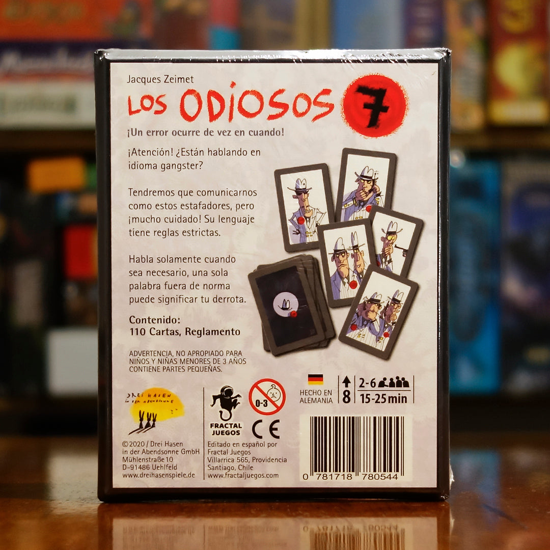 Vista trasera del juego de mesa 'Los Odiosos 7' con detalles y componentes, en Mana House - Cartas. Cartas, Mafia.