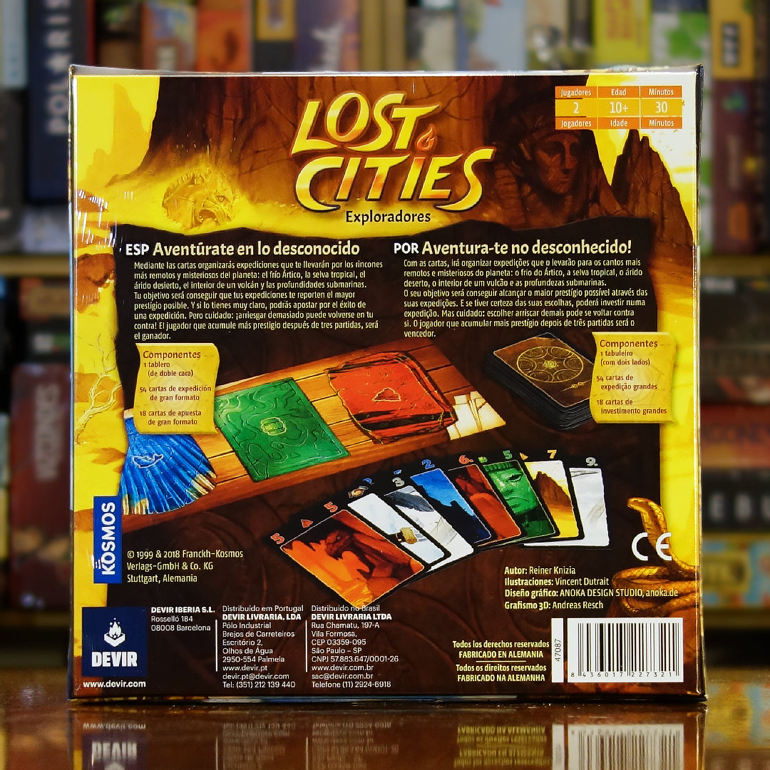 Trasera del juego de mesa 'Lost Cities: Exploradores' disponible en Mana House – Componentes, Reglas, Rutas de Expedición, Apuestas, Prestigio.