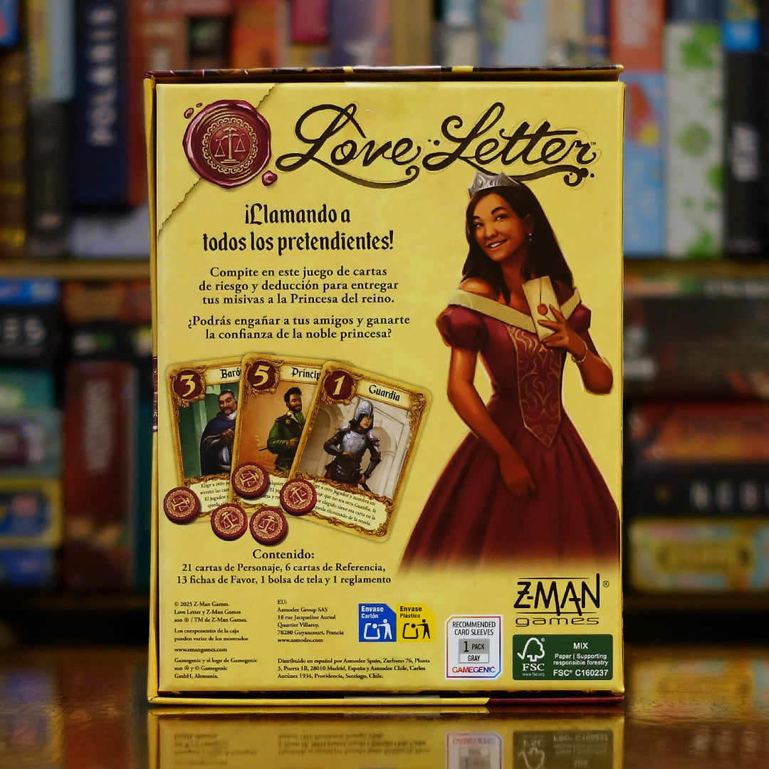 Trasera del juego Love Letter disponible en Mana House – Juego de deducción y riesgo, Princesa y pretendientes, Fichas serigrafiadas, Compatible hasta más jugadores, Partidas rápidas y estratégicas.