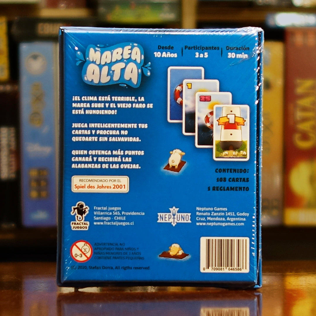Vista trasera del juego de mesa 'Marea Alta' con detalles y componentes, en Mana House - Cartas. Cartas.