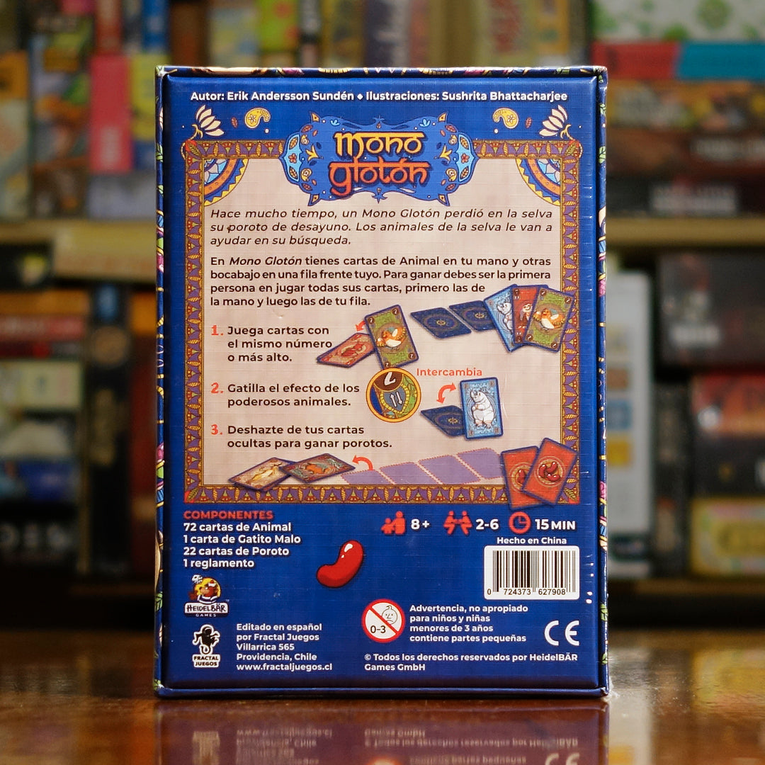 Vista trasera del juego de mesa 'Mono Glotón' con detalles y componentes, en Mana House - Animales. Animales, Cartas.  Hungry Monkey