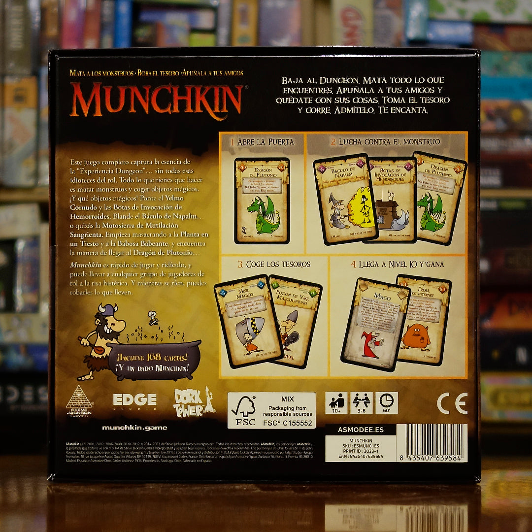 Trasera del juego de mesa 'Munchkin' disponible en Mana House - Componentes, Reglas, Humor, Tesoro, Monstruos.