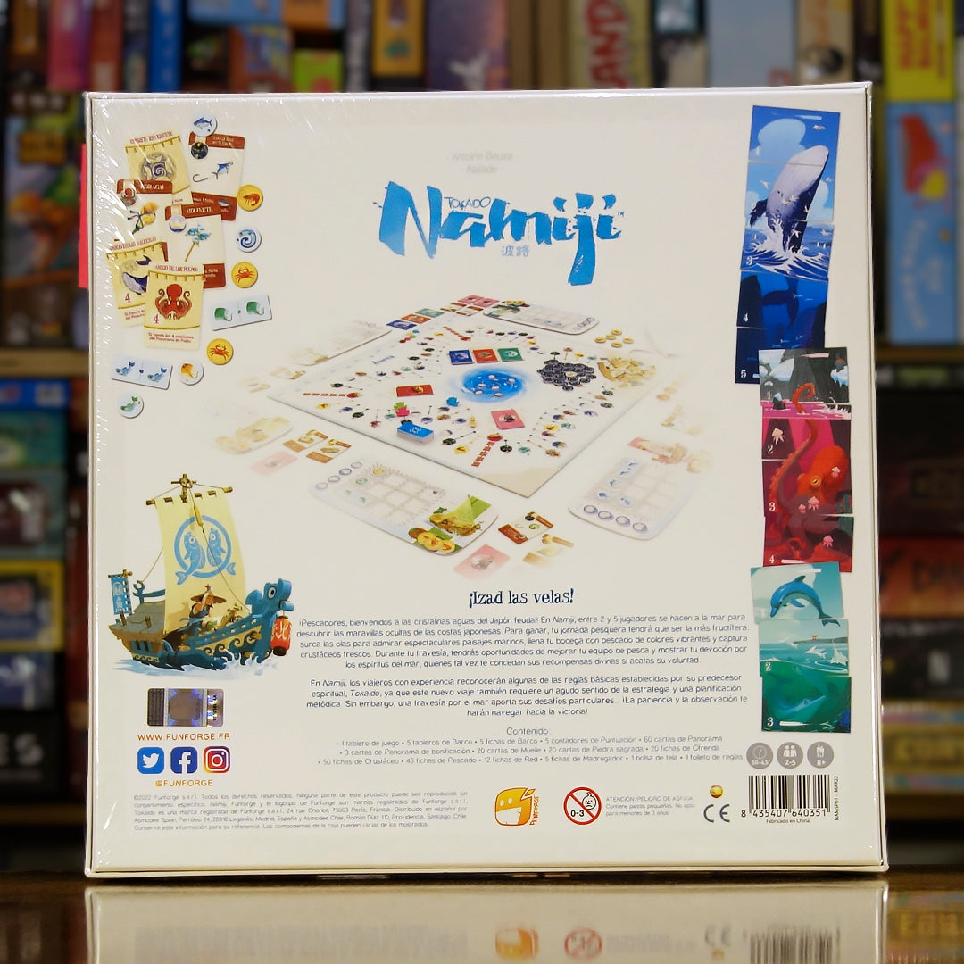 Trasera del juego de mesa 'Namiji' disponible en Mana House - Componentes, Reglas, Estrategia, Naturaleza, Viaje.