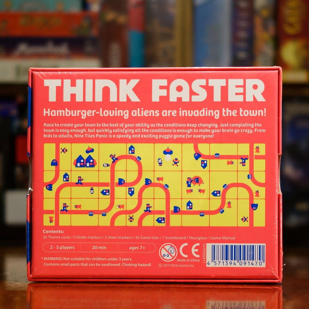 Vista trasera del juego de mesa 'Nine Tiles Panic' con detalles y componentes, en Mana House - Tiempo Real. Tile Placement.
