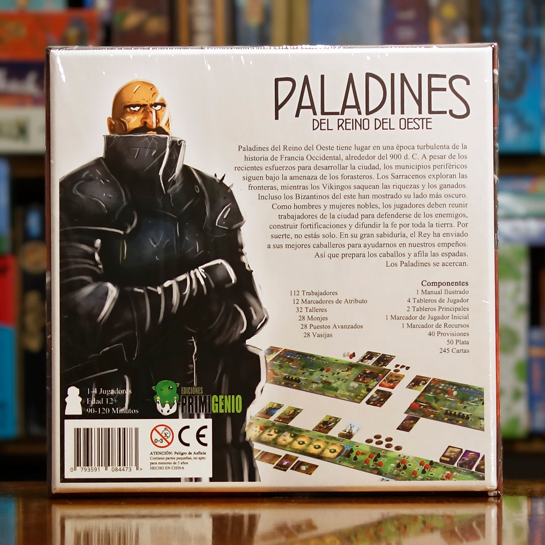 Vista trasera del juego de mesa 'Paladines del Reino del Oeste' con detalles y componentes, en Mana House - Medieval. Medieval.