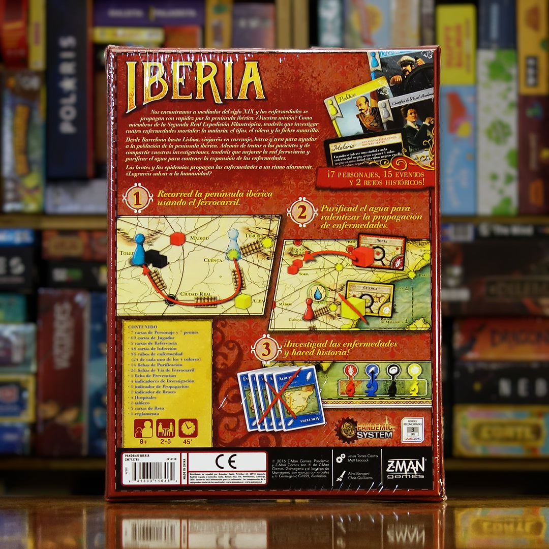 Trasera del juego de mesa ‘Pandemic: Iberia’ disponible en Mana House - Componentes, Reglas, Tablero de la Península Ibérica, Cartas de Rol, Fichas de Enfermedad.