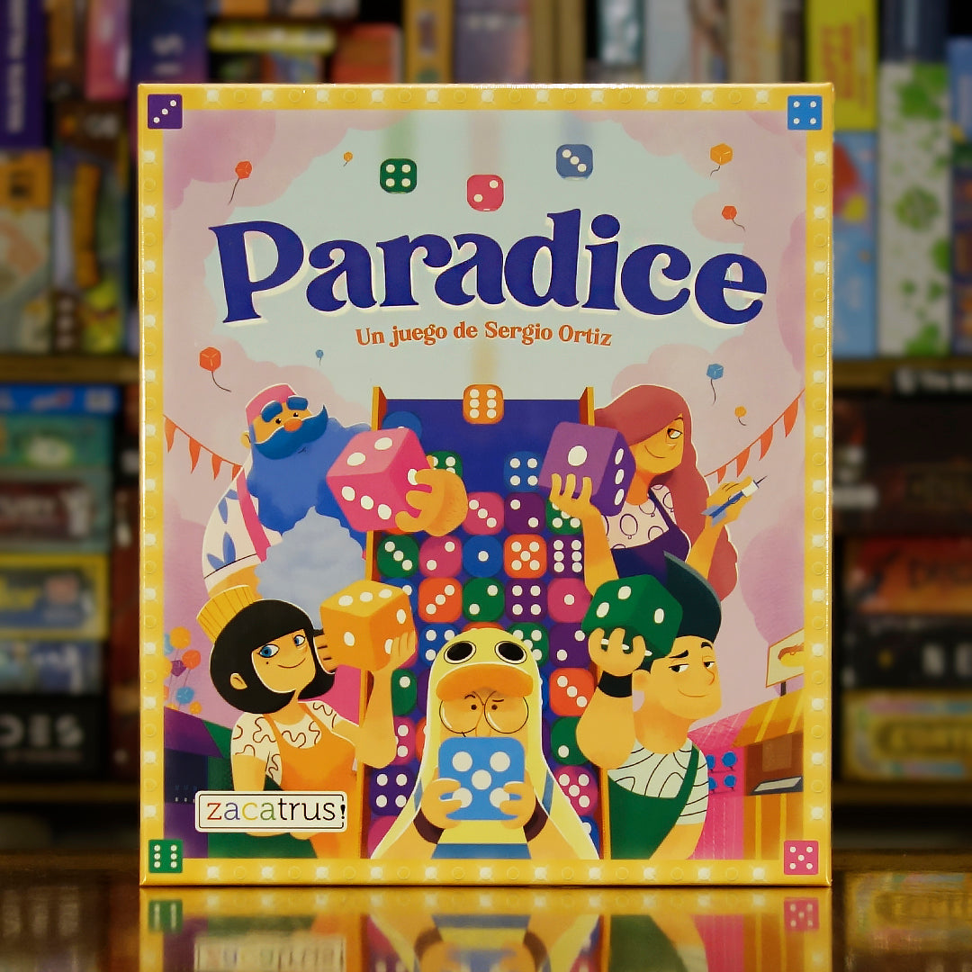 Portada del juego de mesa 'Paradice' disponible en Mana House - Feria, Dados, Estrategia, Casetas, Diversión.