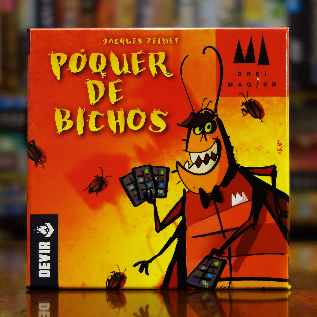 Portada del juego 'Póquer de Bichos' disponible en Mana House – Juego de faroleo y engaño, Criaturas desagradables, Diseño divertido, Ideal para grupos, Humor absurdo.