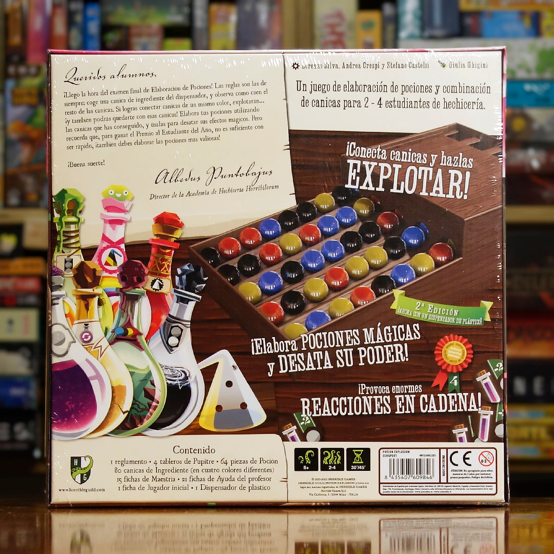 Vista trasera del juego de mesa 'Potion Explosion (Segunda Edición)' con detalles y componentes, en Mana House - Fantasía. Fantasía.
