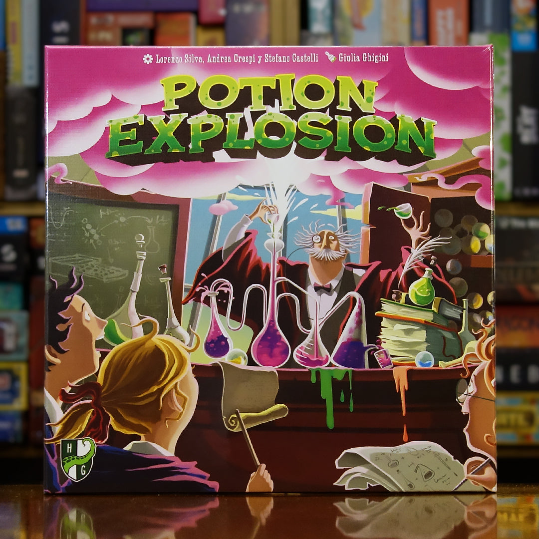 Portada del juego 'Potion Explosion' disponible en Mana House – Juego familiar, Mecánica de combinación de canicas, Creación de pociones, Efectos especiales, Competencia por puntos.