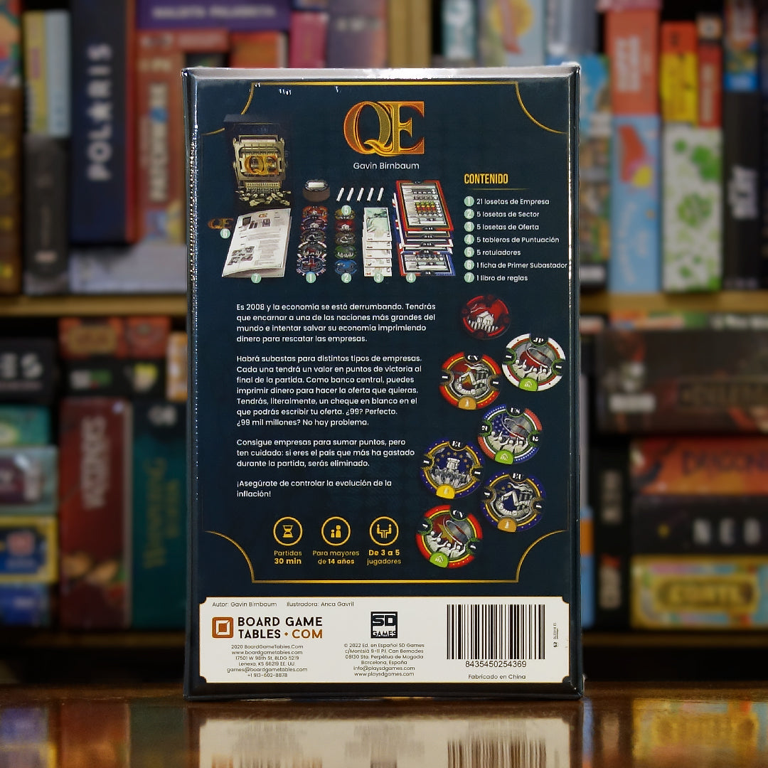 Trasera del juego QE disponible en Mana House – Mecánica de Quantitative Easing, Subastas interactivas, Riesgo de gastar demasiado, Juego estratégico de alto faroleo, Competencia económica divertida.