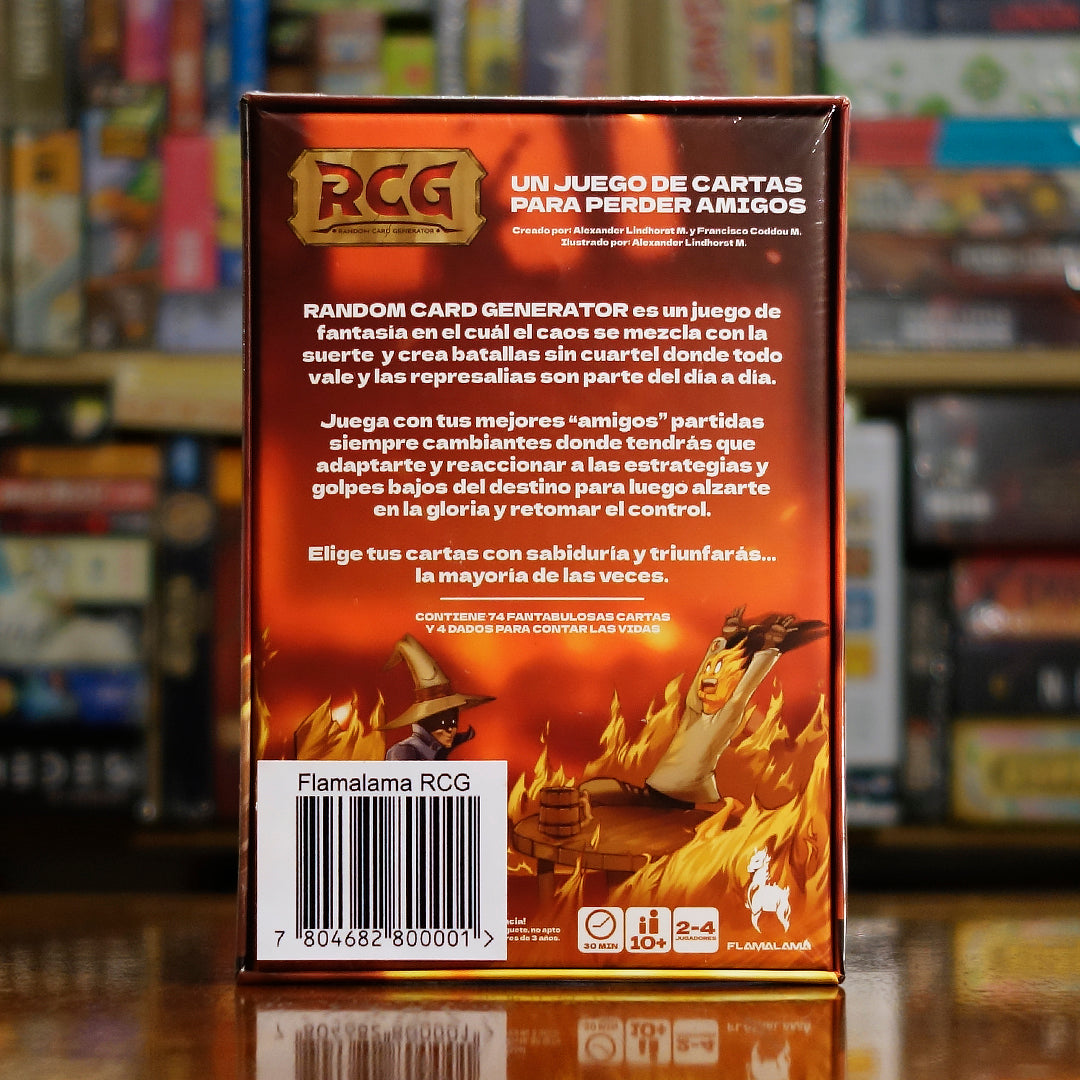Vista trasera del juego de mesa 'RCG: Random Card Generator' con detalles y componentes, en Mana House - Fantasía. Cartas, Fantasía.