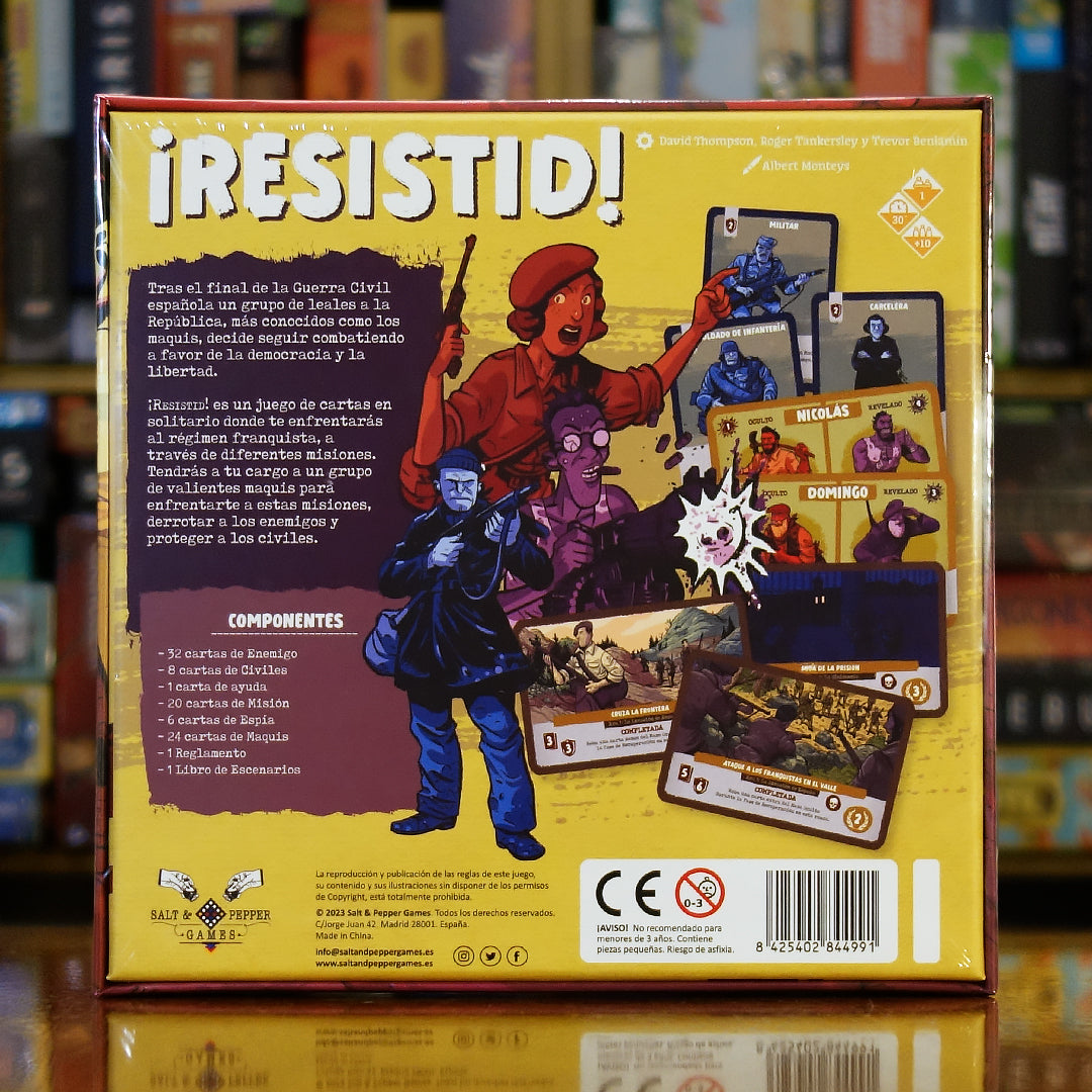 Trasera del juego 'Resistid!' disponible en Mana House – Juego narrativo y estratégico para un jugador. Incluye misiones progresivas, decisiones difíciles y un fuerte enfoque histórico. Ideal para quienes buscan una experiencia intensa y temática. Resist!