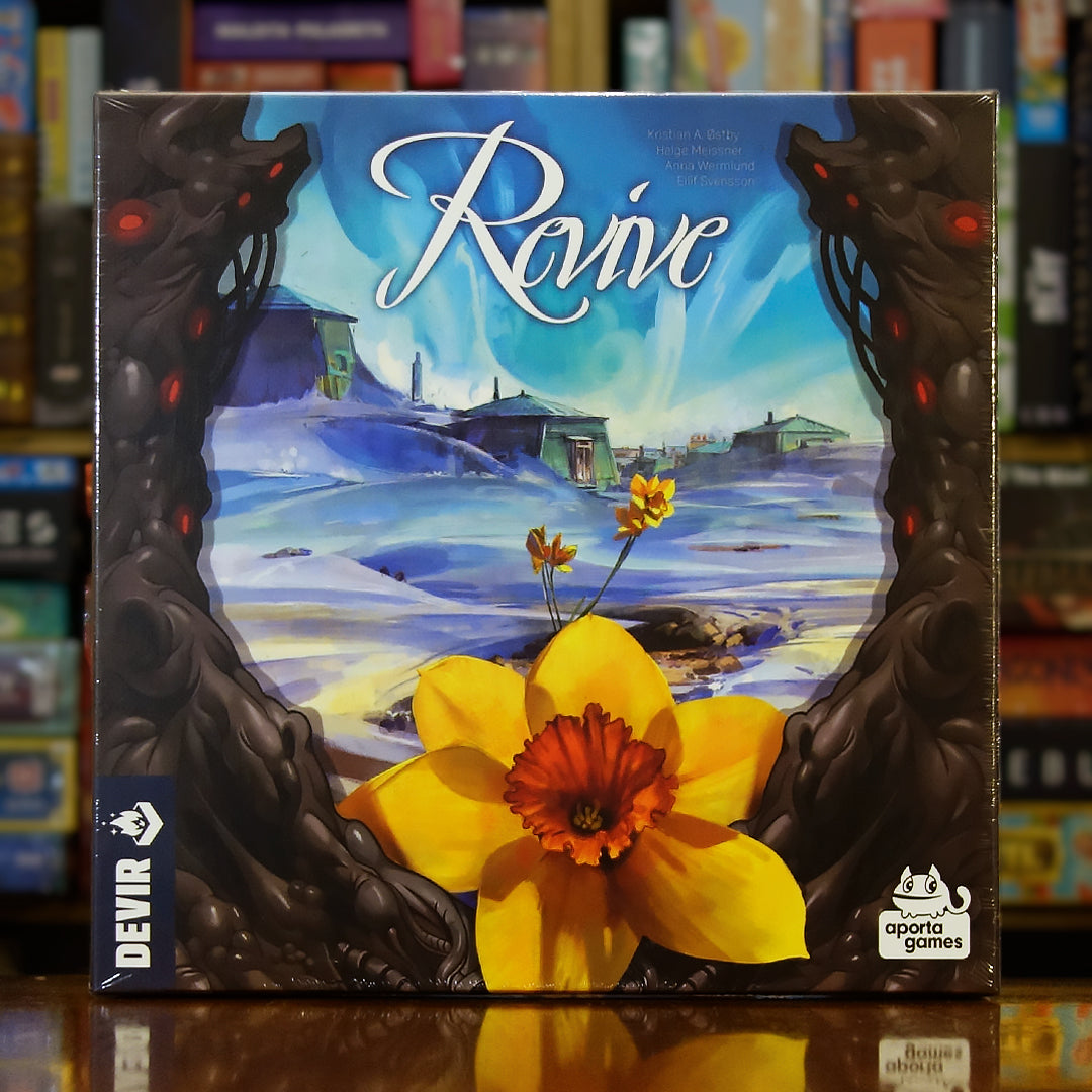 Portada del juego 'Revive' disponible en Mana House – Juego euro estratégico, Postapocalíptico, Exploración en mundo helado, Civilizaciones olvidadas, Tribus sobrevivientes.