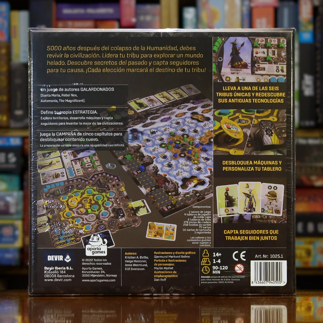 Trasera del juego 'Revive' disponible en Mana House – Máquinas antiguas, Reclutamiento de personajes, Descubrimiento de tecnologías, Construcción de fábricas, Gestión de recursos en un mundo congelado.