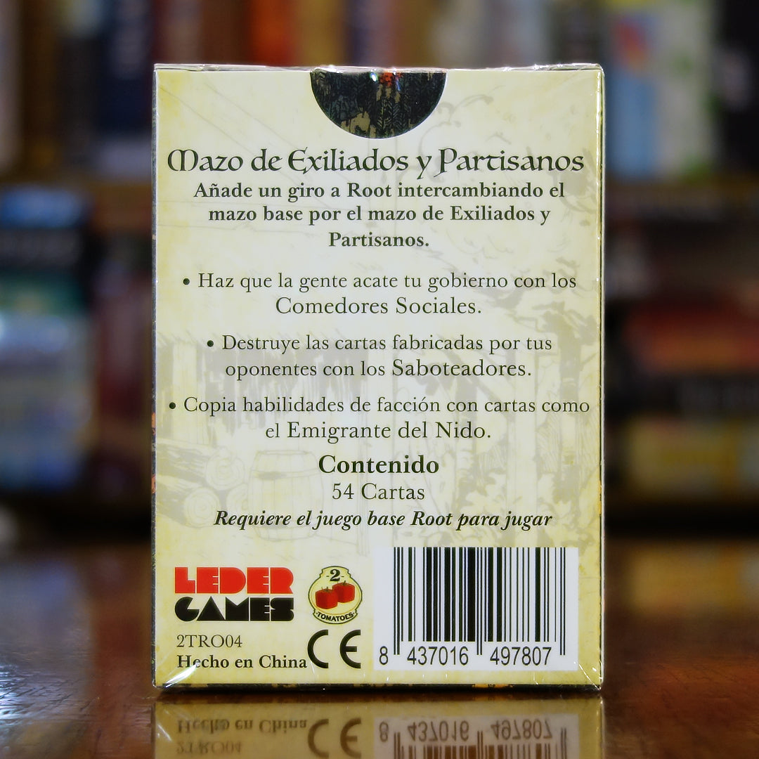 Trasera de la expansión 'Root: Mazo de Exiliados y Partisanos' disponible en Mana House – Cartas únicas, Habilidades por facción, Mazo avanzado, Ideal para renovar el juego base, Requiere Root.