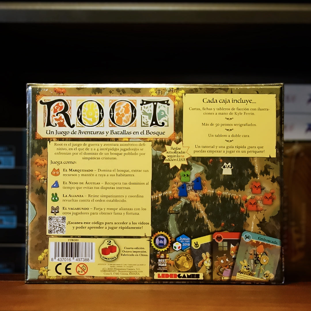 Trasera del juego 'Root' disponible en Mana House – Conflicto por el control del bosque, Marquesa de Gata y Alianza, Eyrie y Vagabundos, Facciones con habilidades únicas, De 2 a 4 jugadores.