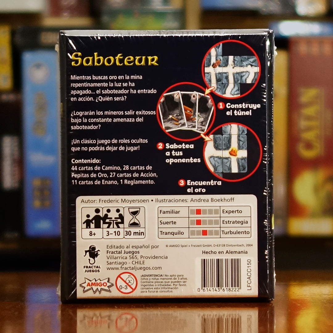 Vista trasera del juego de mesa 'Saboteur' con detalles y componentes, en Mana House - Bluffing. Bluffing, Cartas, Exploración, Fantasía.