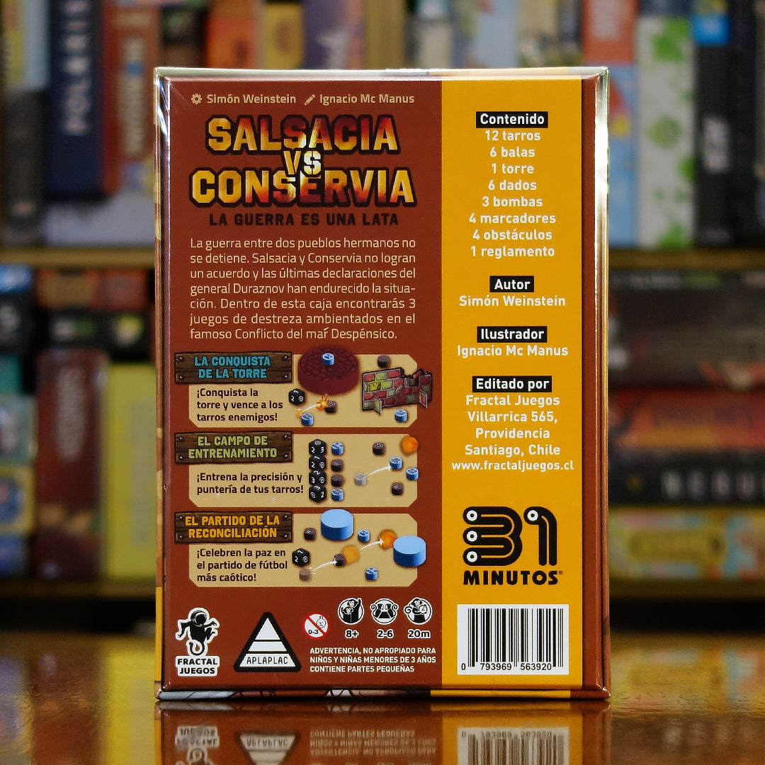 Trasera del juego 'Salsacia vs Conservia' disponible en Mana House – Incluye 3 mini juegos: Conquista de la Torre, Campo de Entrenamiento y Partido de la Reconciliación, Juego chileno con mecánicas de puntería y caos, Basado en la famosa serie 31 Minutos.