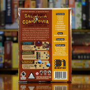 Trasera del juego 'Salsacia vs Conservia' disponible en Mana House – Incluye 3 mini juegos: Conquista de la Torre, Campo de Entrenamiento y Partido de la Reconciliación, Juego chileno con mecánicas de puntería y caos, Basado en la famosa serie 31 Minutos.