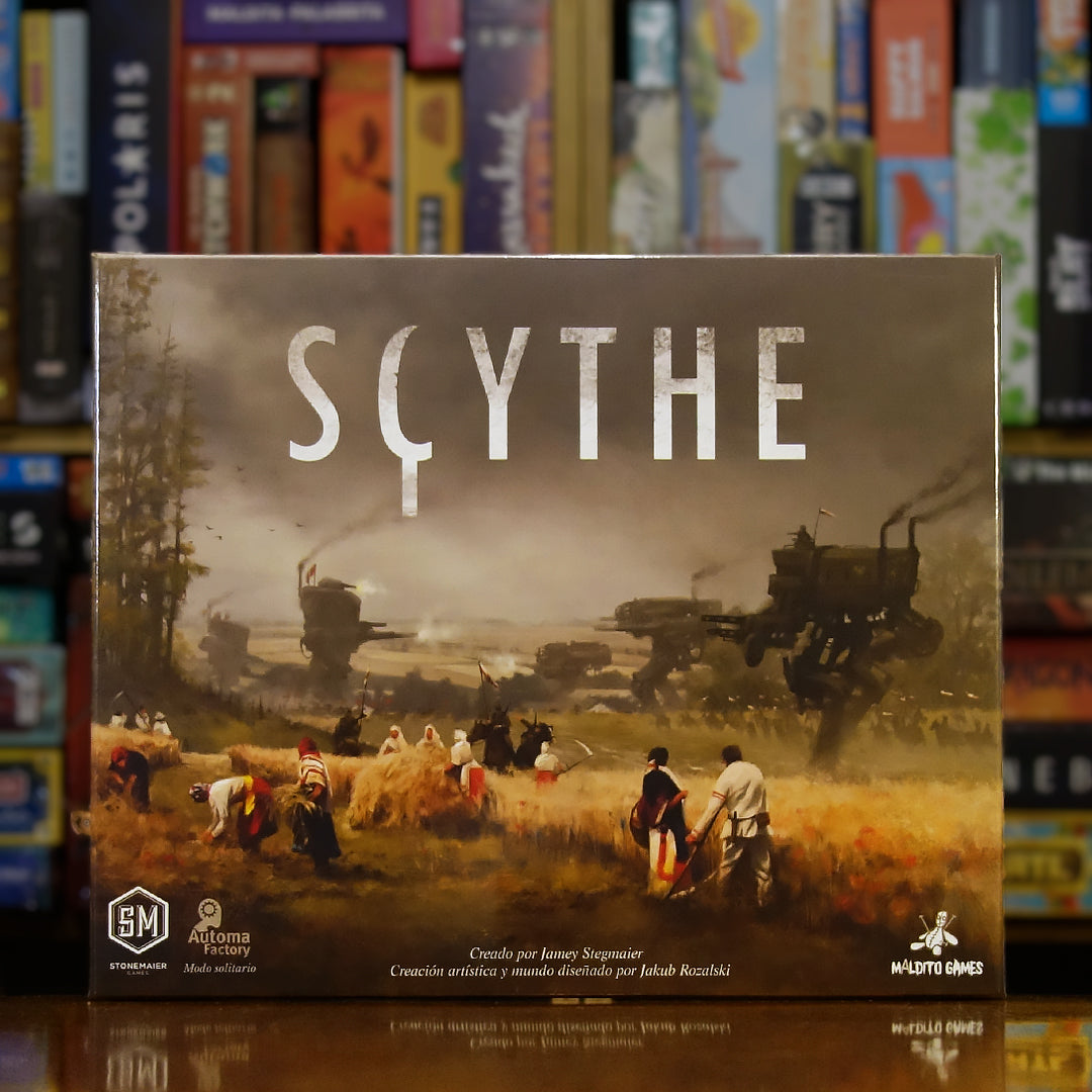 Portada del juego 'Scythe' disponible en Mana House – Juego de estrategia, Europa del Este alternativa, Construcción de motor, Mechs y conquista de territorios, Producción de recursos, Sin eliminación de jugadores.