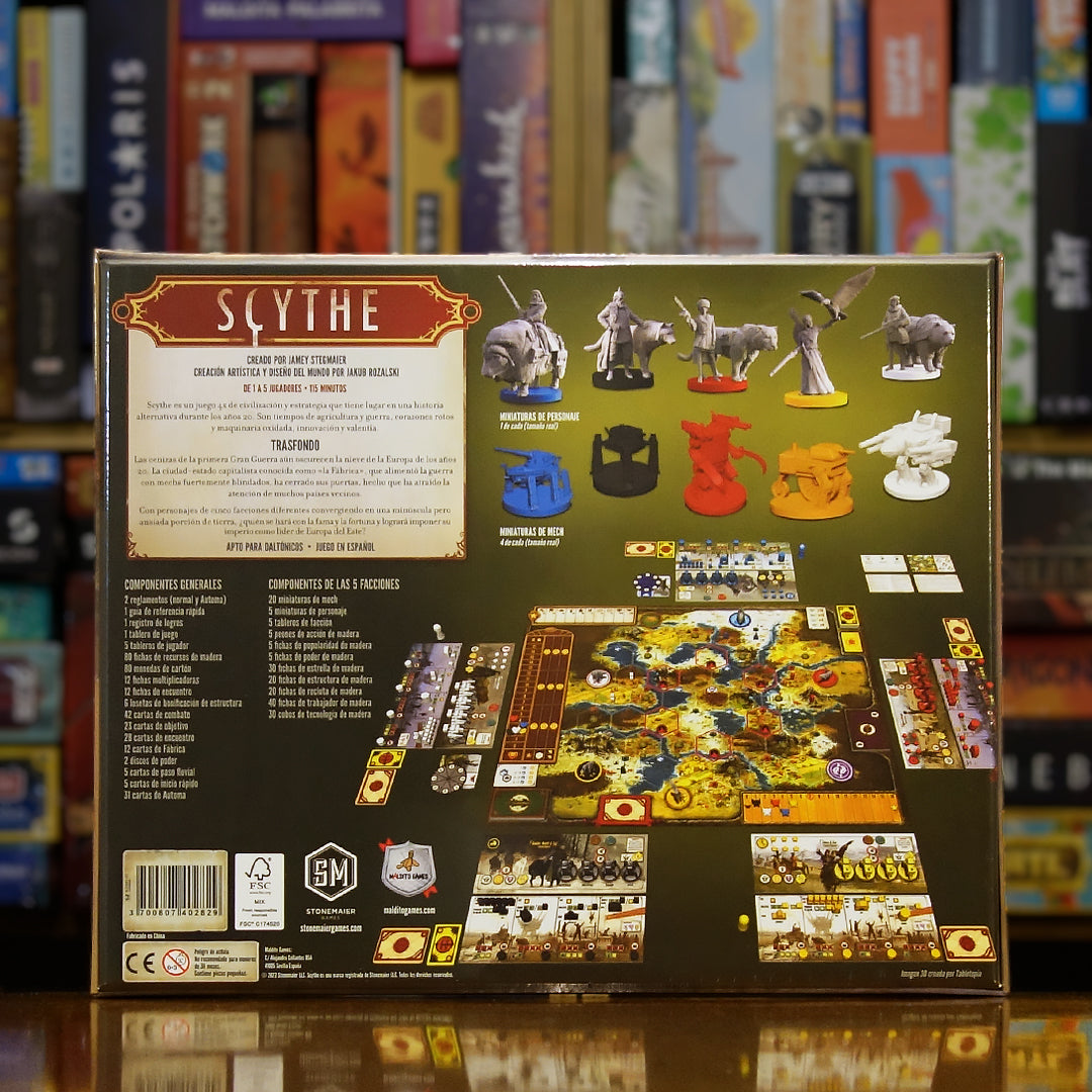 Trasera del juego 'Scythe' disponible en Mana House – Selección ágil de acciones, Expansión territorial, Mejoras y construcción de edificios, Reclutamiento de aliados, Despliegue de mechs, Alta rejugabilidad.