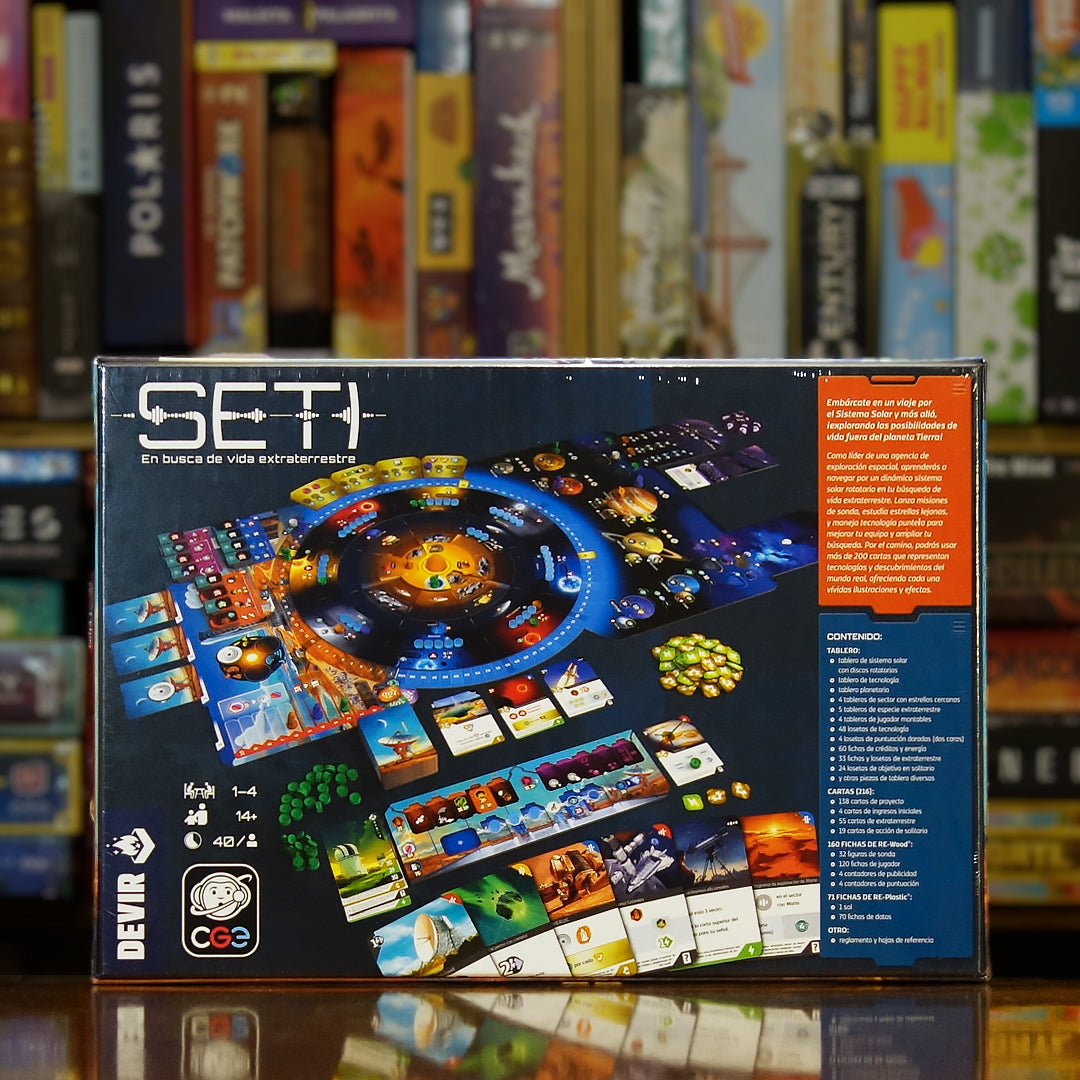 Trasera del juego 'SETI: En Busca de Vida Extraterrestre' disponible en Mana House – Juego estratégico con más de 200 cartas, Investigación científica, Exploración del sistema solar y búsqueda de vida. 
SETI: Search for Extraterrestrial Intelligence