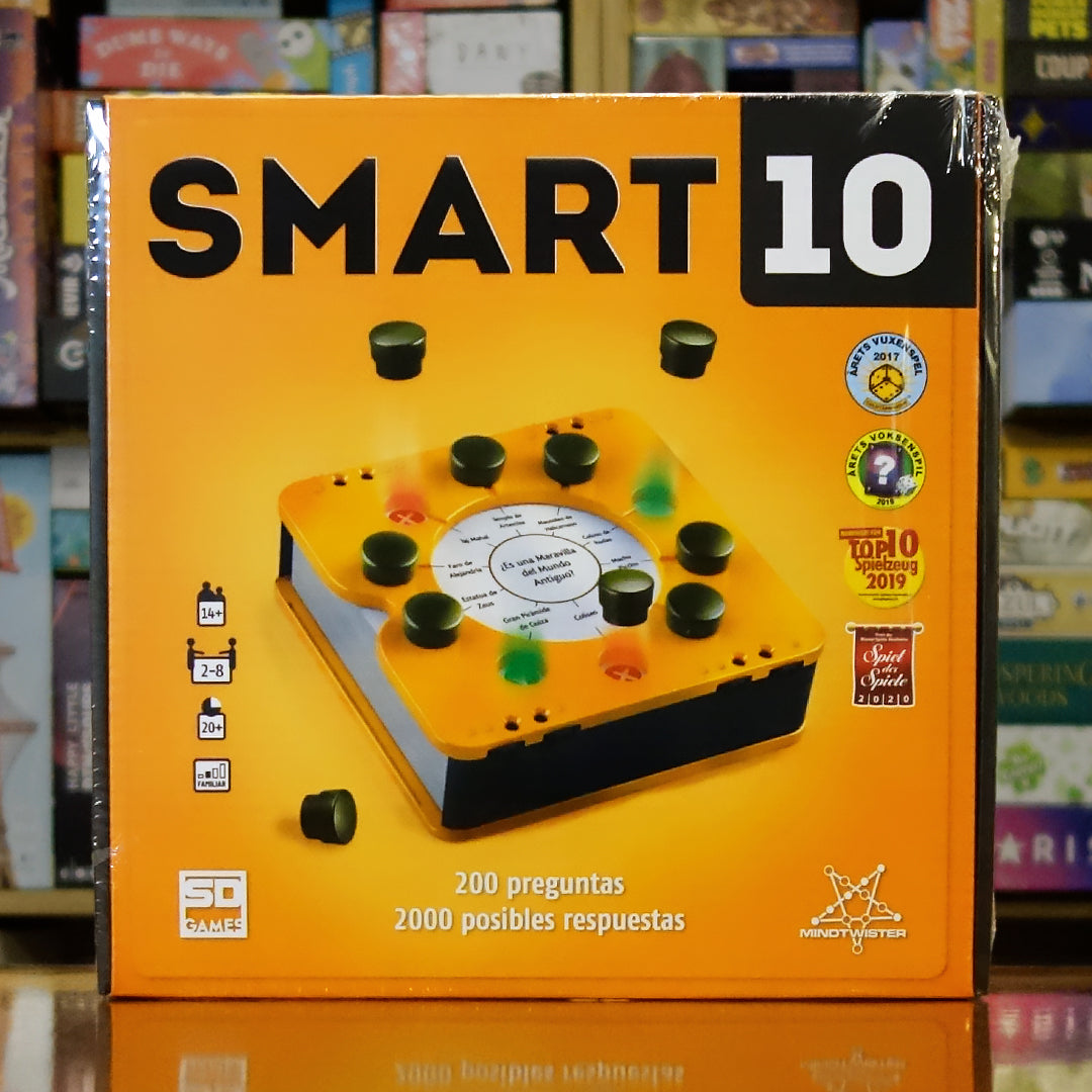 Portada del juego Smart10 disponible en Mana House – Juego de trivia, Preguntas y respuestas, Juego de mesa interactivo, 2000 posibles respuestas, Dinámica rápida y equitativa. Smart 10
