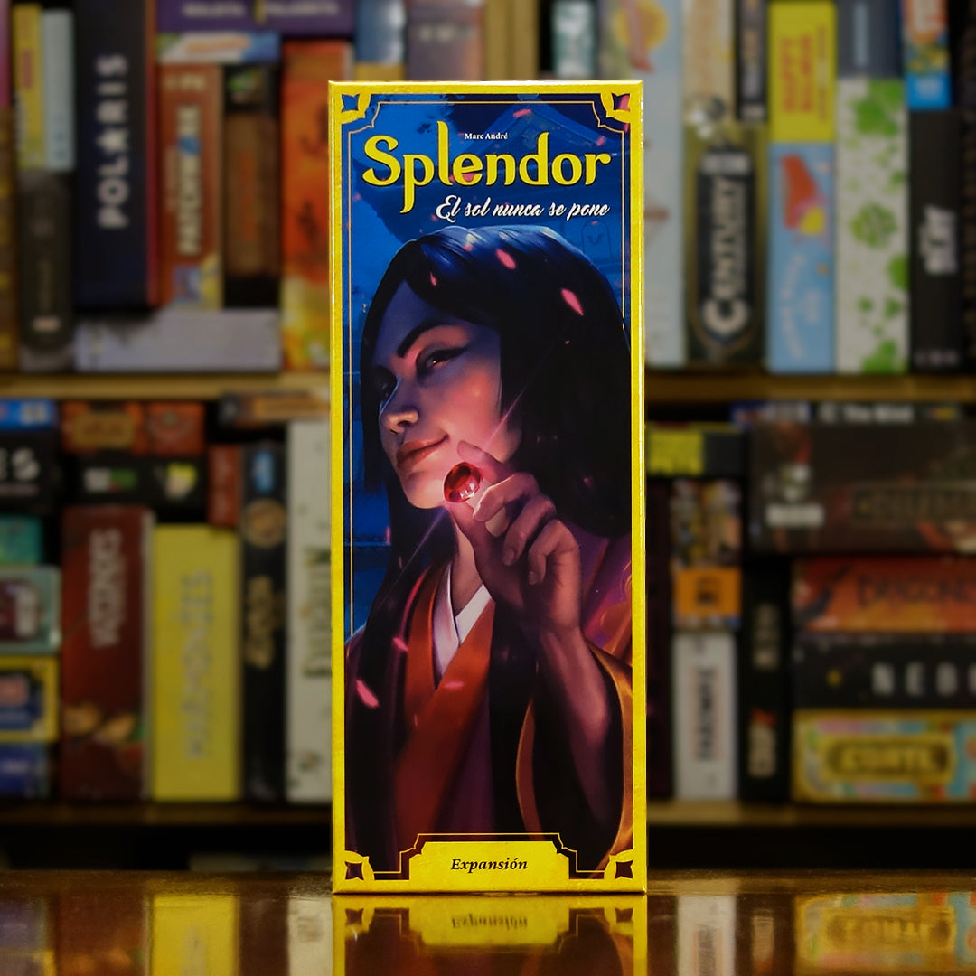 Portada del juego 'Splendor: El Sol Nunca Se Pone' disponible en Mana House – Expansión para Splendor, Nuevas mecánicas, Fortalezas y territorios, Ambientación oriental, Estrategia avanzada.