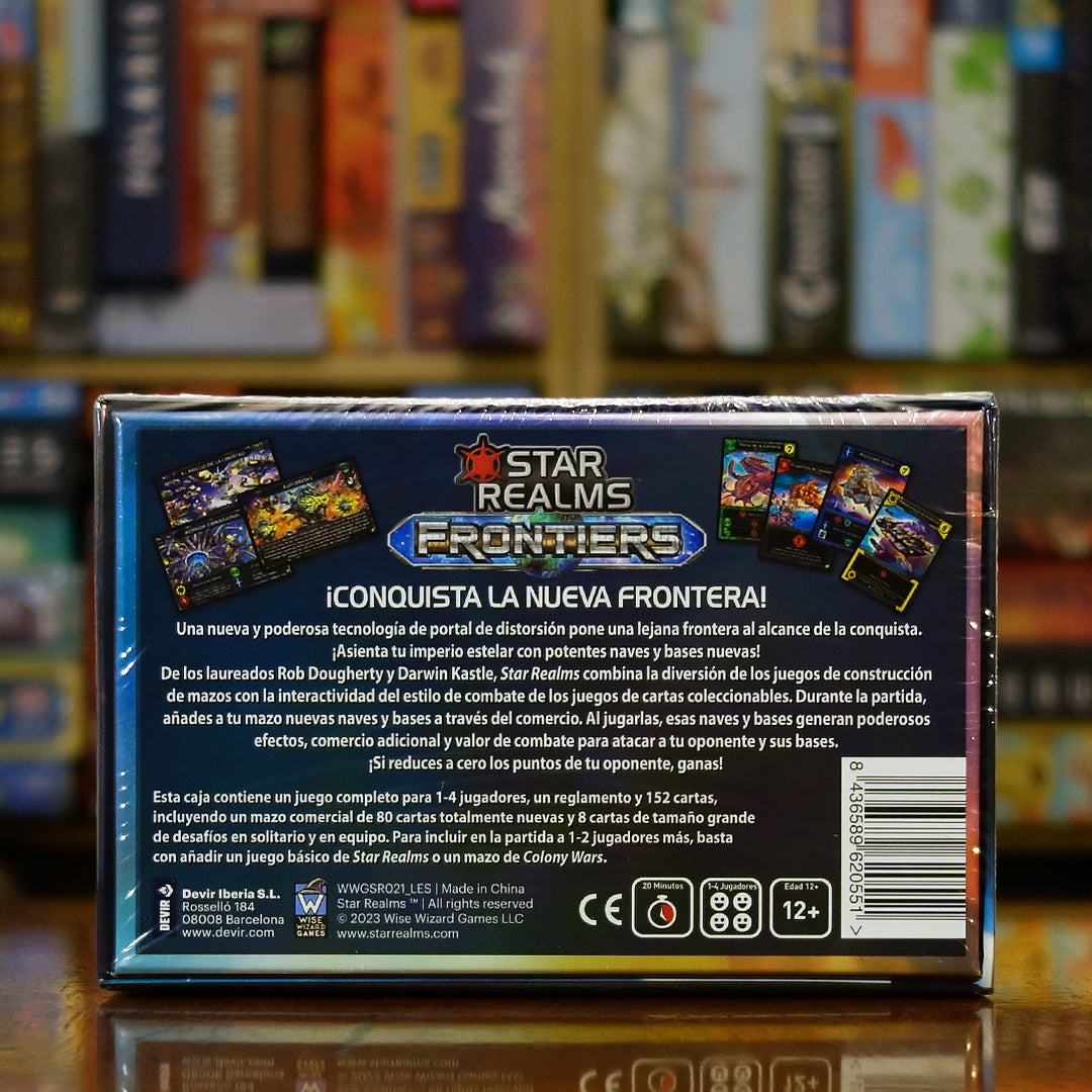 Trasera del juego 'Star Realms: Frontiers' disponible en Mana House – Nuevas naves y bases, Modo solitario y cooperativo, Duelos galácticos, 152 cartas incluidas, Expansión del universo Star Realms.