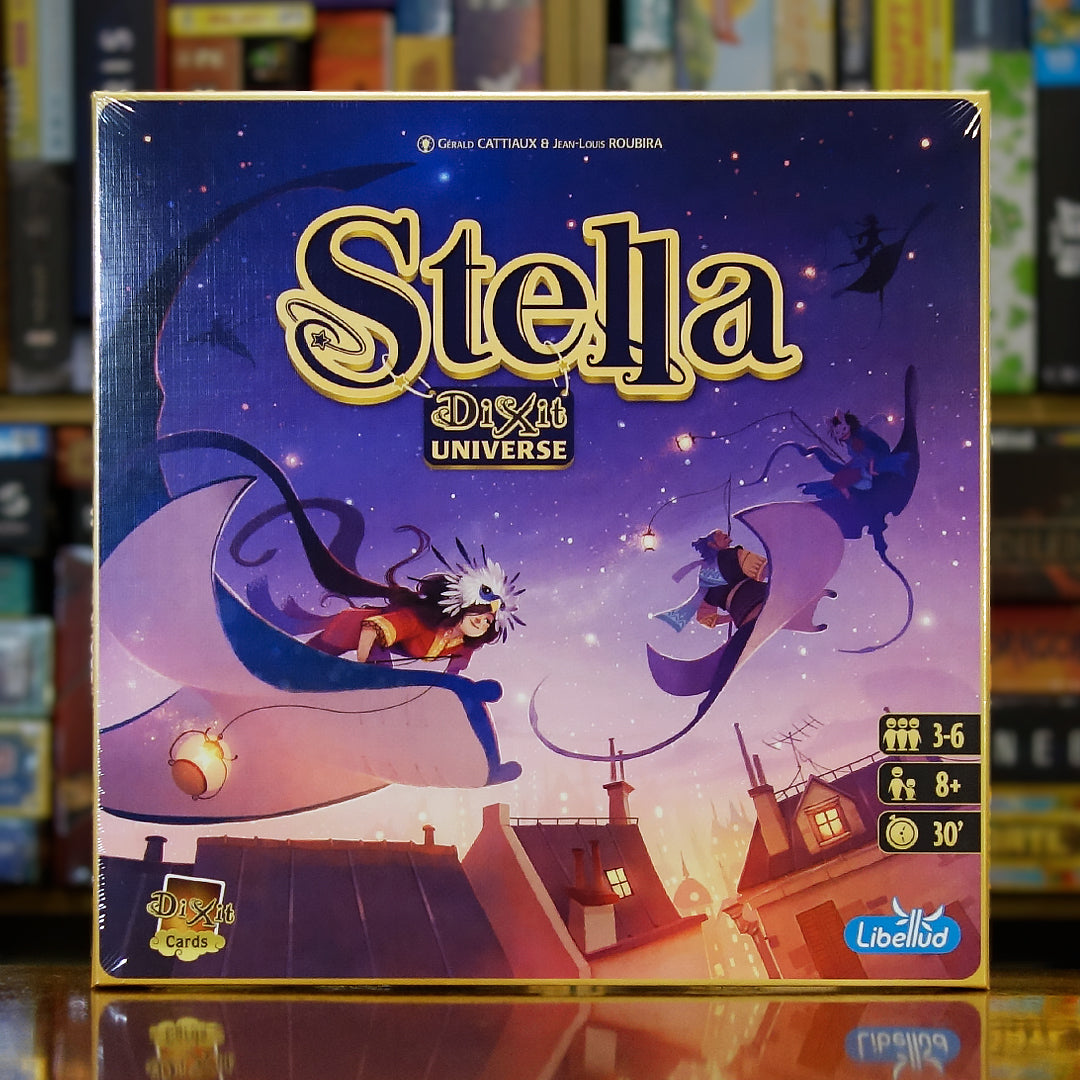 Portada del juego 'Stella – Dixit Universe' disponible en Mana House – Juego familiar de interpretación visual, Universo Dixit, Ilustraciones oníricas, Decisiones arriesgadas, Caza de estrellas.