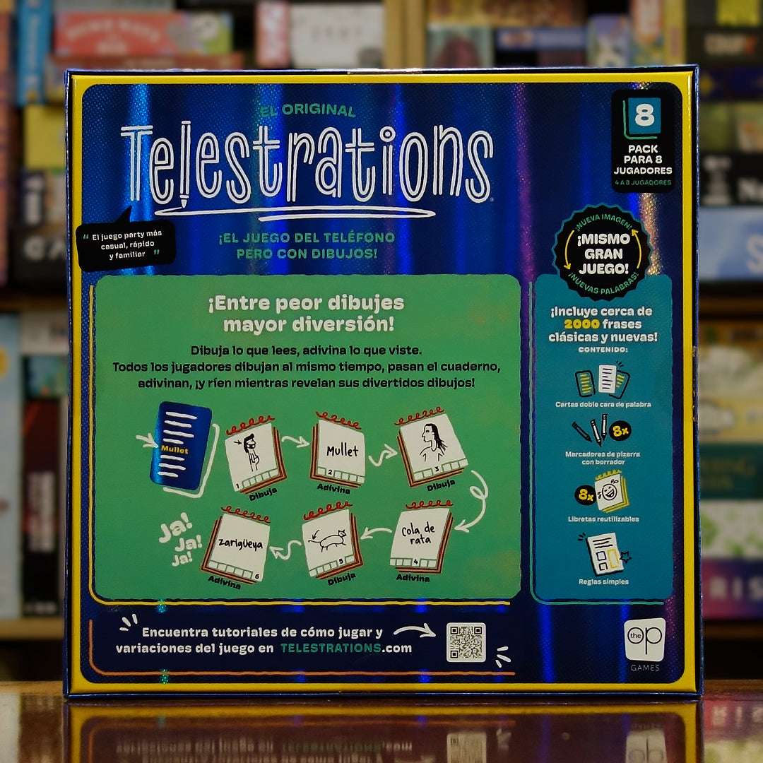 Trasera del juego Telestrations (Nueva Edición) disponible en Mana House – Mecánica de dibujar y adivinar, Resultados impredecibles, Risas aseguradas, Juego simultáneo para todos, Perfecto para reuniones y familias. Telestrations Refresh 2025