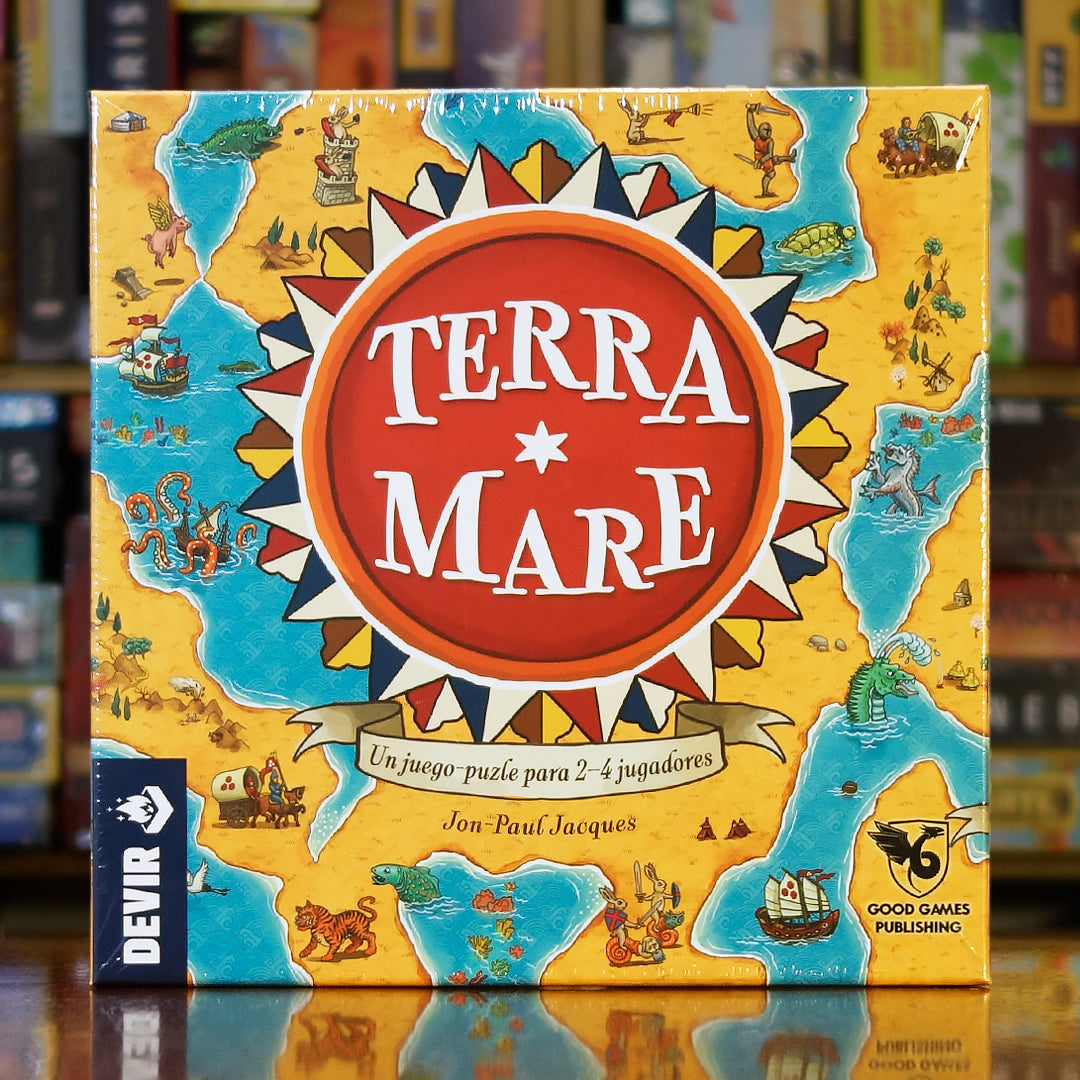 Portada del juego de mesa 'Terra Mare' disponible en Mana House – Colocación de losetas, Mapa Compartido, Tierra y Mar, Familiar, Inspiración Histórica.