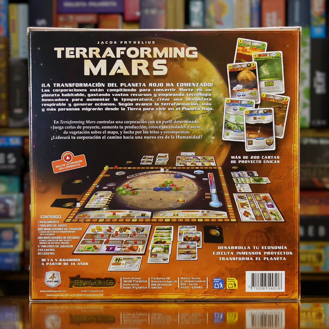 Trasera del juego 'Terraforming Mars' disponible en Mana House – Producción de recursos, Cartas de proyecto, Desarrollo de ciudades y océanos, Competencia por hitos y premios, Simulación científica detallada.. Terraformando Marte