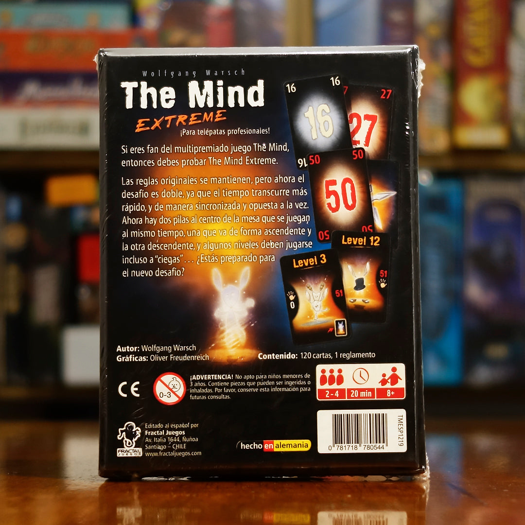 Vista trasera del juego de mesa 'The Mind Extreme' con detalles y componentes, en Mana House - Cartas. Cartas, Deducción.