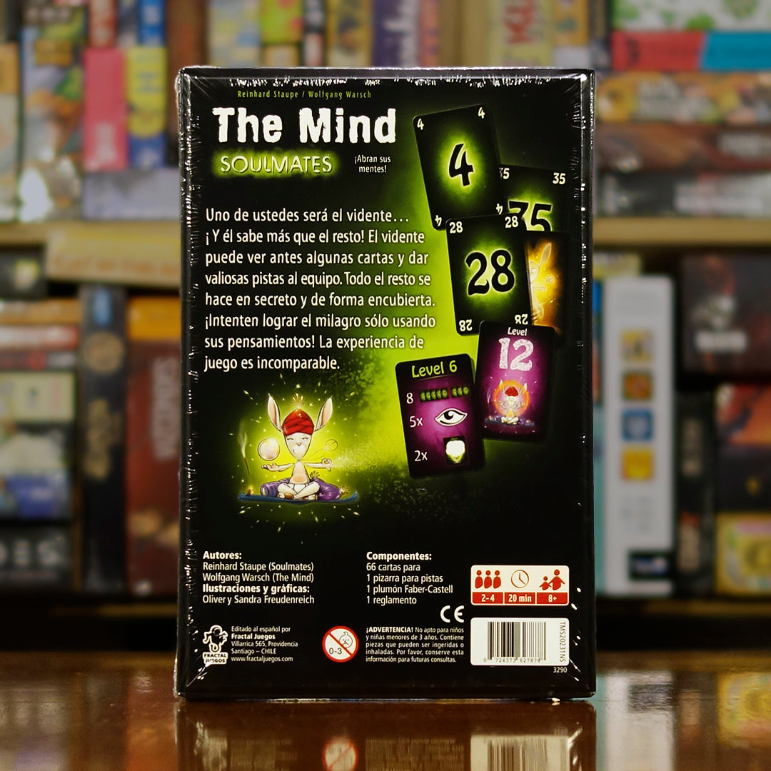 Vista trasera del juego de mesa 'The Mind: Soulmates' con detalles y componentes, en Mana House - Cartas. Cartas, Deducción.