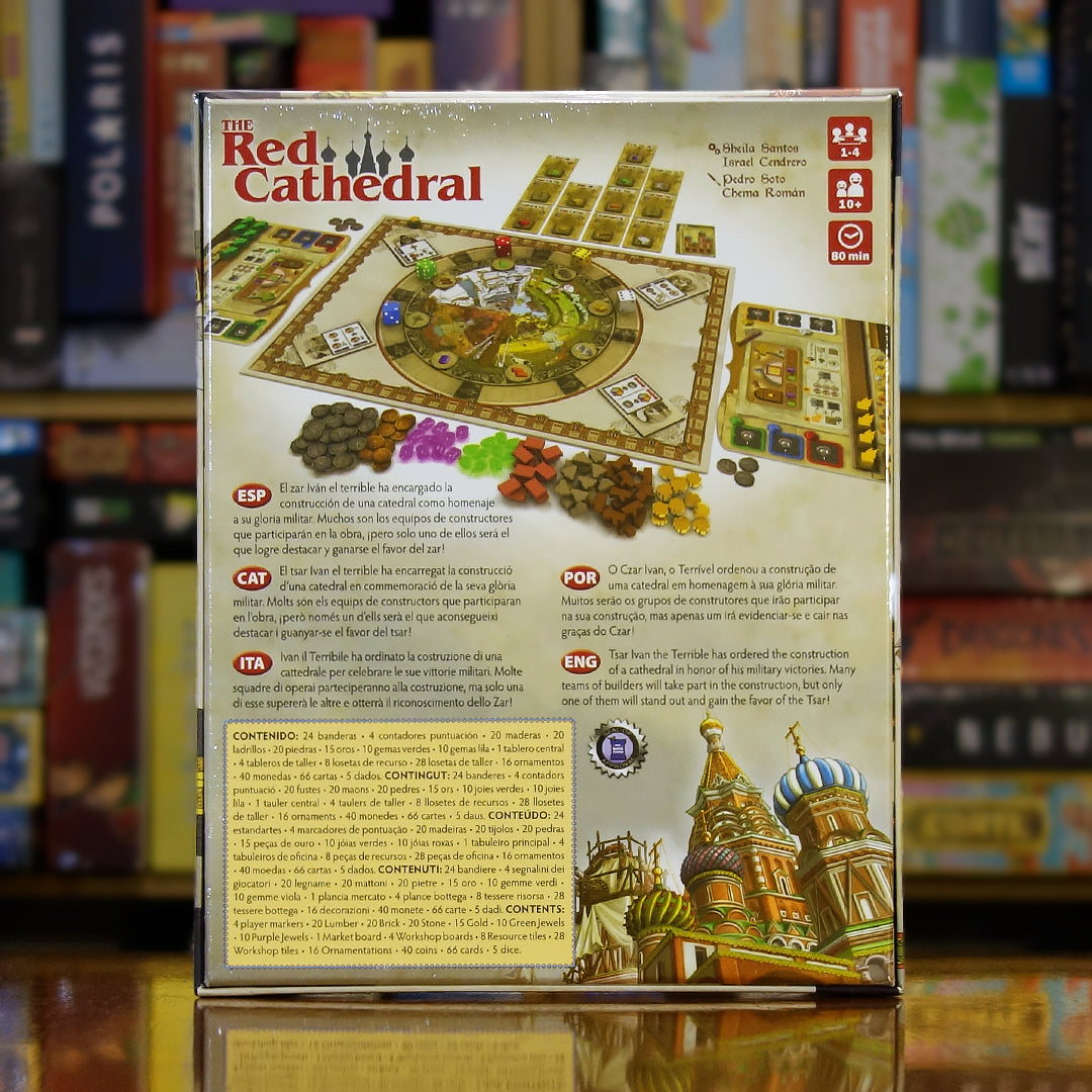 Trasera del juego 'The Red Cathedral' disponible en Mana House – Juego de colocación y gestión de recursos, Rondel de dados, Competencia por secciones de catedral, Decoraciones, Puntos de prestigio, Ideal para amantes de la optimización.