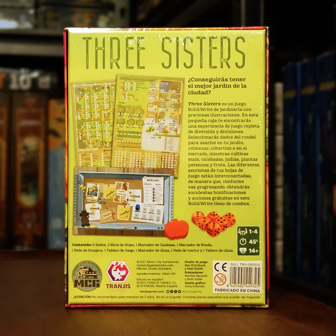 Trasera del juego Three Sisters disponible en Mana House – Cultivo de maíz frijoles y calabazas, Gestión de huerto y colmenar, Pistas interconectadas, Herramientas con habilidades especiales, Modo solitario incluido.
