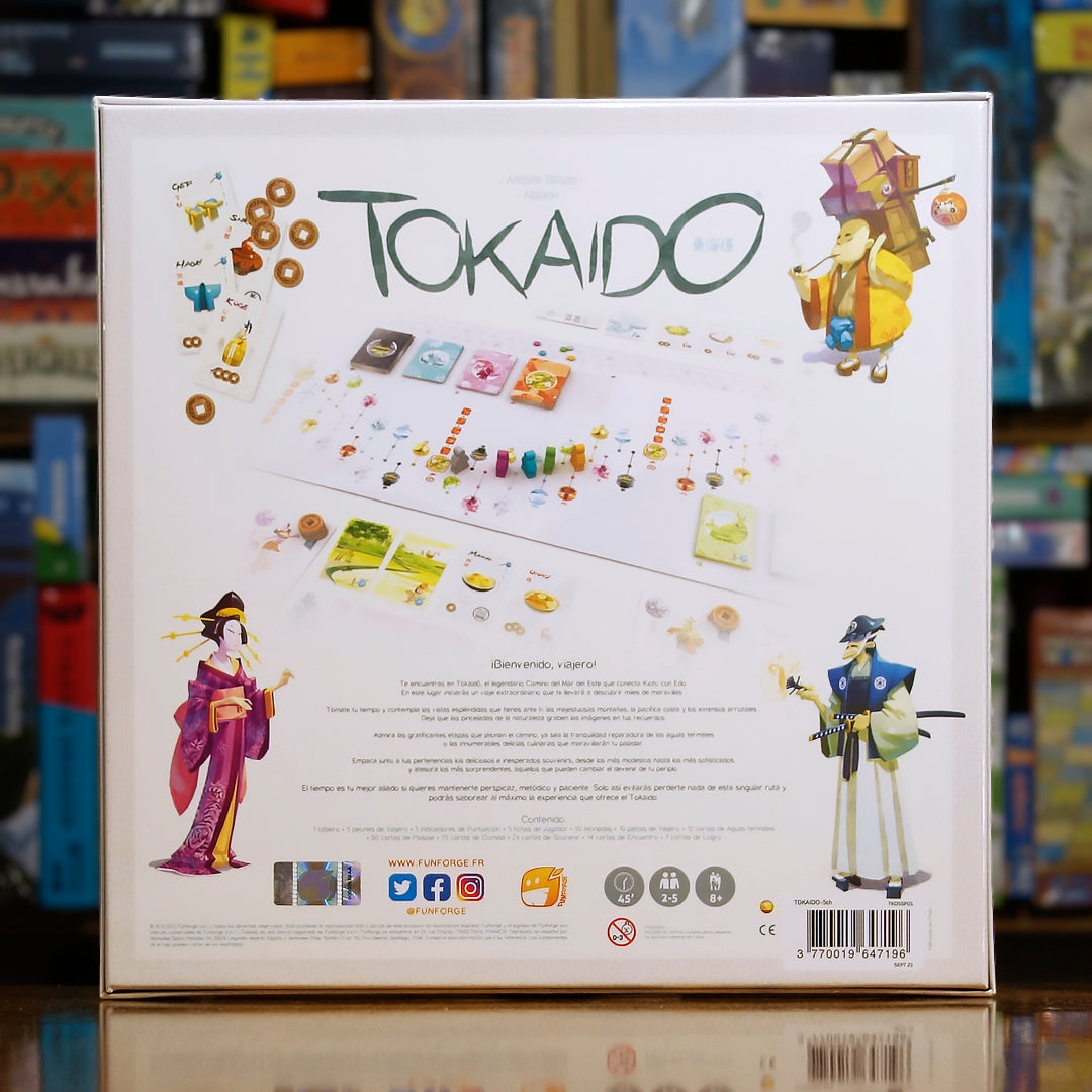 Vista trasera del juego de mesa 'Tokaido' con detalles y componentes, en Mana House - Viaje. Viaje.