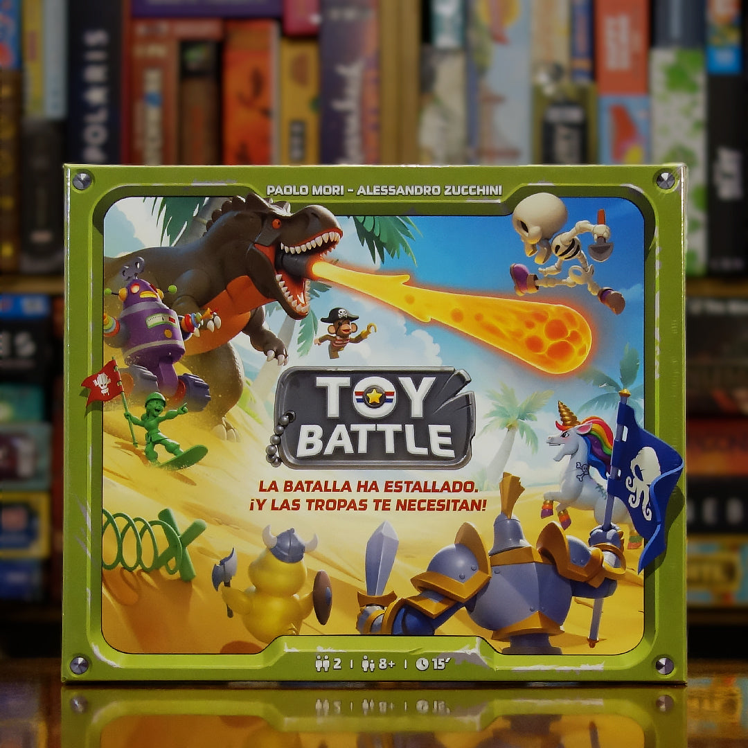 Portada del juego 'Toy Battle' disponible en Mana House – Juego de estrategia y táctica, Batallas entre juguetes, Tableros temáticos variados, Habilidades únicas por tropa, Estilo ilustrado colorido.