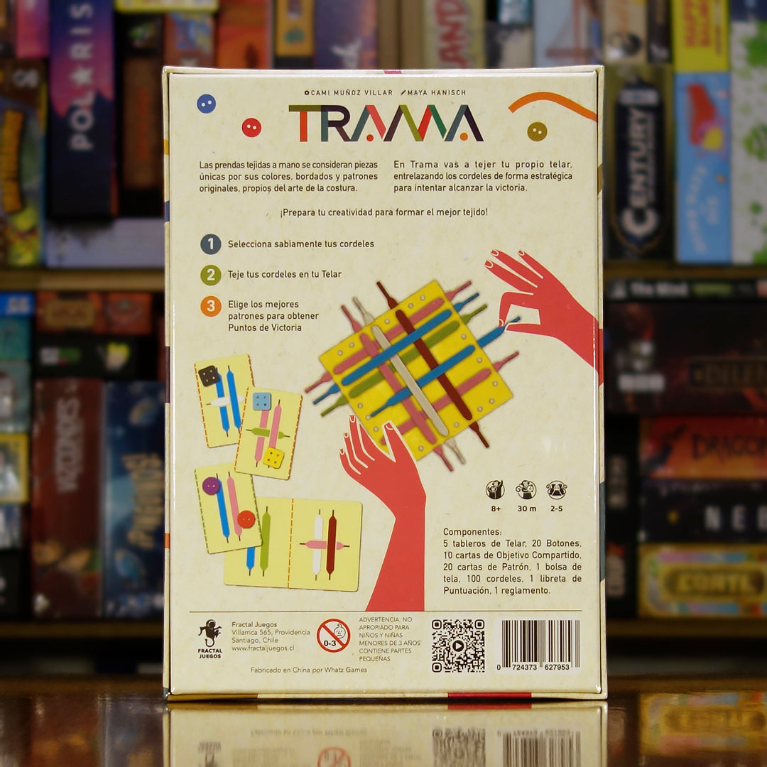 Trasera del juego de mesa 'Trama' disponible en Mana House - Componentes, Reglas, Estrategia, Telar, Patrón.