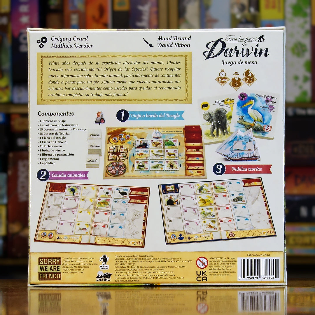 Trasera del juego de mesa 'Tras los Pasos de Darwin' disponible en Mana House - Componentes, Reglas, Observación de Especies, Desarrollo de Teorías, Viaje del Beagle.