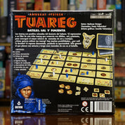 Trasera del juego 'Targi' disponible en Mana House – Colocación de trabajadores, Dátiles, sal y pimienta como recursos clave, Cartas de tribu con habilidades, Duelo táctico ideal para parejas.