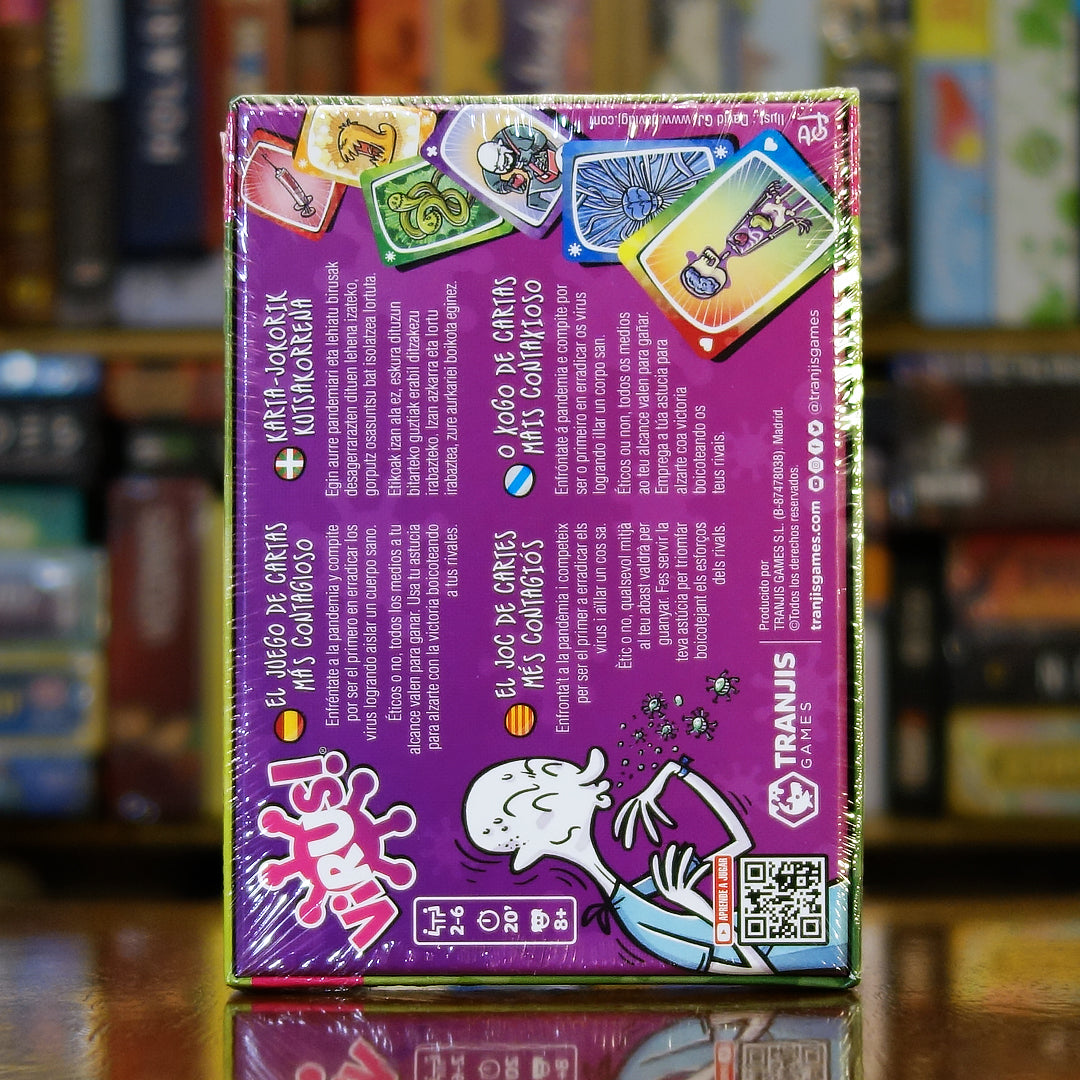 Trasera del juego 'Virus!' disponible en Mana House – Juego vertiginoso de cartas, Interacción constante, Giros inesperados y mucha diversión.