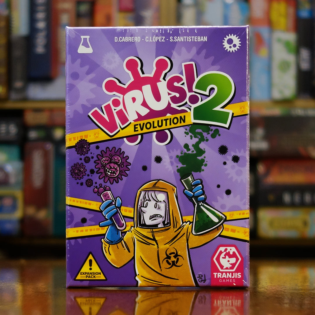 Portada del juego 'Virus! 2 Evolution' disponible en Mana House – Expansión de Virus!, Cartas nuevas, Evolución de virus más agresivos, Juego de sabotaje y diversión familiar, Competencia por órganos sanos.